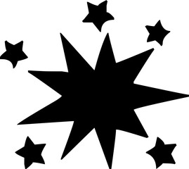 Black starburst with five surrounding stars, symbolizing sparkle, magic, or celebration on a white background.