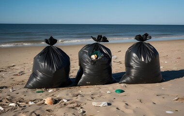 Plastic bags full of garbage on the beach