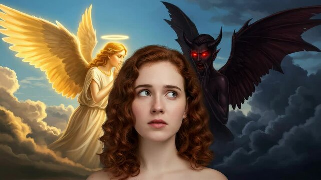 Woman Faced with a Choice Between Good and Evil - A young woman with curly red hair is shown contemplating a choice between a benevolent angel and a menacing devil.  The angel and devil are depicted o