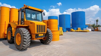 Obraz premium Yellow Tractor in Sunny Industrial Setting with Blue Containers
