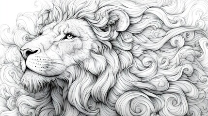 Majestic lion head, stylized with flowing mane.  Intricate line art,  black and white