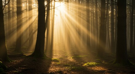 Surreal Sun Rays Breaking Through Dreamlike Mist Over a Mystical Forest