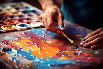 Naklejka premium Close-up of hands painting on a surface with bright, mixed paints. A paint palette sits to the left, and a brush is held in one hand.
