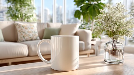 Fototapeta premium A white coffee mug sits on a wooden table next to a vase of flowers
