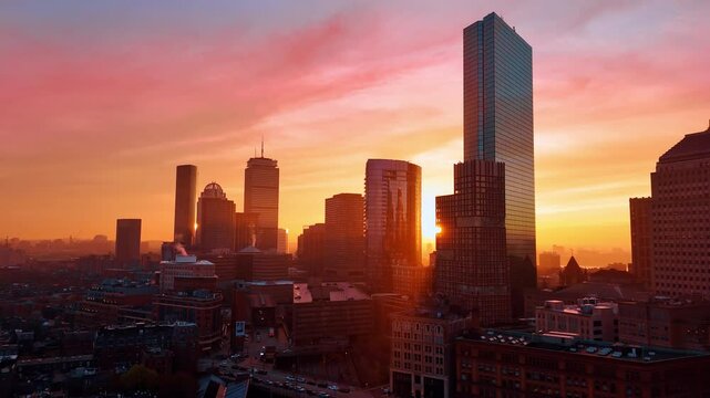Golden hour in beautiful modern Boston, Massachusetts, USA. Stunning colors in the sky over the city at sunset. Aerial view.
