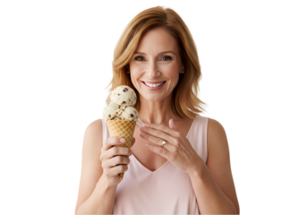 Smiling Woman Enjoying Delicious Ice Cream Cone isolated on transparent background