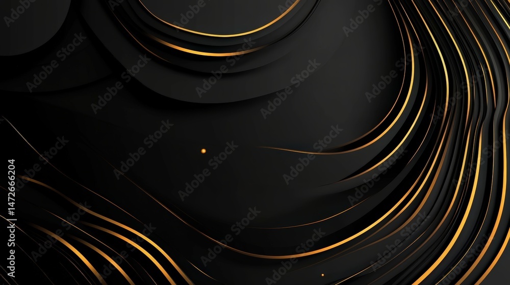 Poster abstract black and gold swirling background with elegant curves and lines creating a luxurious, mode