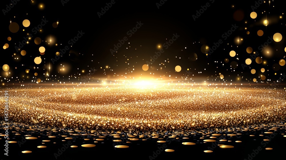 Poster black background with a lot of gold sparkles. the sparkles are scattered all over the background, cr