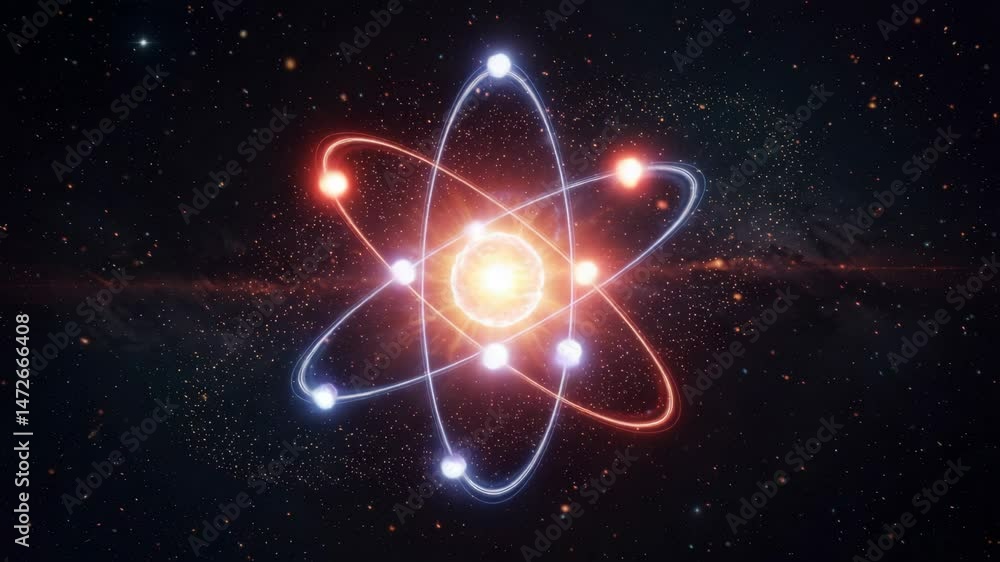 Poster glowing atomic structure in space - a stylized depiction of an atom with glowing electrons orbiting 