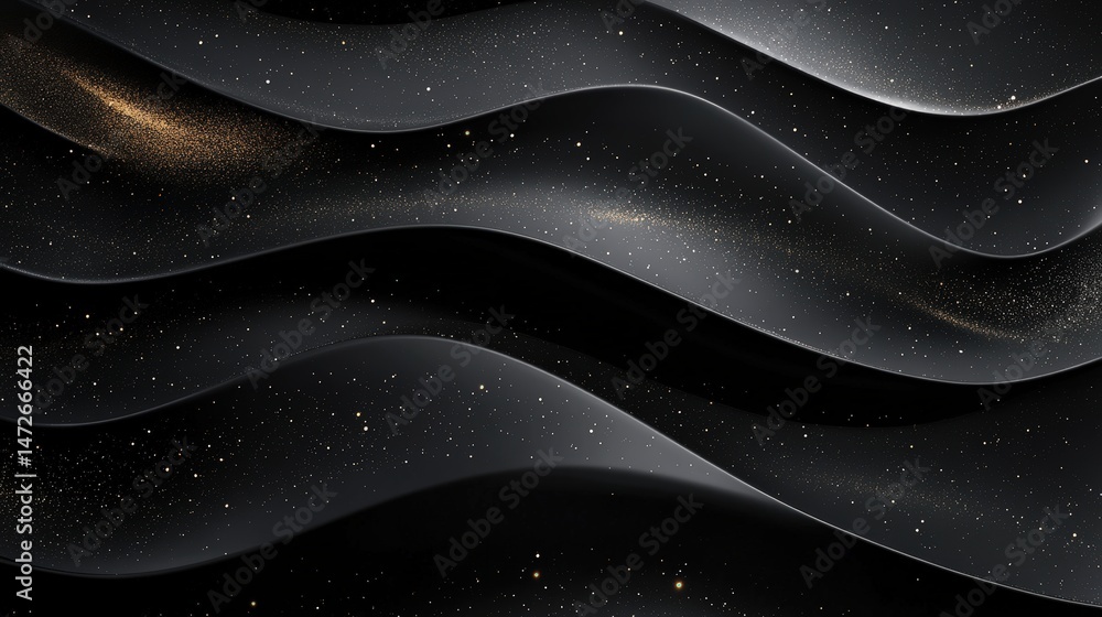 Poster abstract black flowing waves with subtle glitter and star-like specks creating a cosmic and elegant 