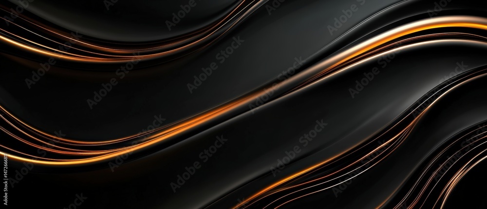 Poster abstract flowing black and gold waves with smooth curves and shiny metallic surface creating an eleg