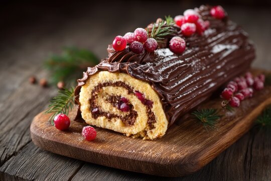 Festive Buche De Noel: A Traditional Christmas Dessert with Chocolate Cream and Cranberry Garnish on a Rustic Wooden Surface