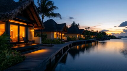 Fototapeta premium Tranquil Sunset Over Waterfront Bungalows on a Tropical Island Paradise