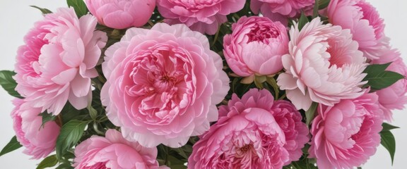 Vibrant pink peonies & roses bouquet  White background  Copy space ,  bouquet,  fresh