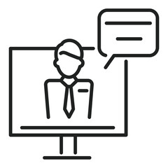 Video conference on monitor shows person with tie and speech bubble, suggesting online business meeting or virtual communication. Outlined icon 
