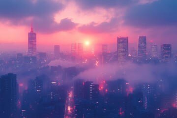 Fototapeta premium City skyline at dusk with vibrant colors reflecting off buildings and fog in the air