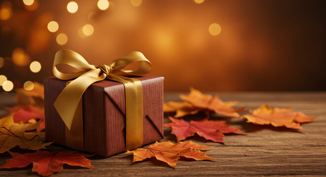 Festive autumn gift box surrounded by colorful leaves in warm light on a wooden table creating a cozy atmosphere for celebration