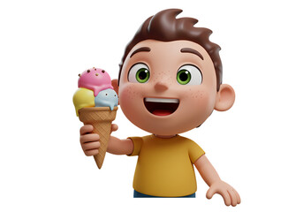Happy Boy Eating Ice Cream Cone isolated on transparent background
