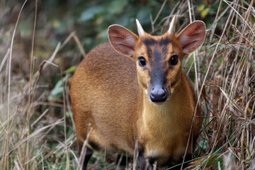 Fototapeta premium Reeves Muntjac in Natural Habitat: A Chinese Mammal Amidst Grass and Wilderness
