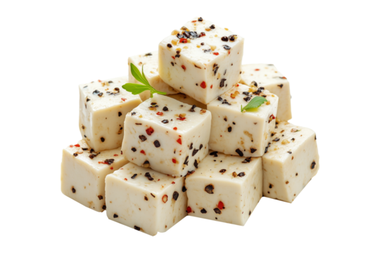 Cubes of seasoned tofu with visible herbs and spices, arranged in stack isolated on white transparent background, concept of healthy vegetarian protein option