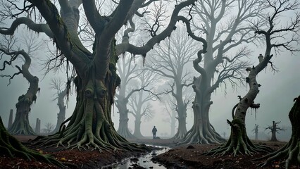 Grim Execution Ground: Twisted Oak Forest Dripping with Nooses as Ash Snow Falls on Mysterious Hooded Watchers