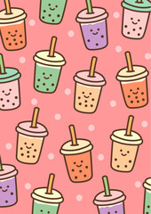 Seamless Cute Boba Tea Pattern in Pastel Pink Background