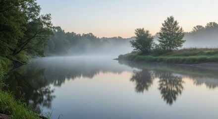 Fototapeta premium Sunrise Over Misty River with Reflections of Trees and Soft Fog