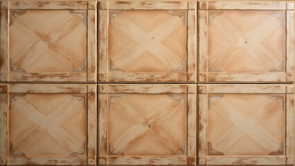 Versailles light cherry brushed flooring, complex interlocking grid, warm reddish-brown tones, tactile texture, symmetrical, neutral lighting, luxury interior design.