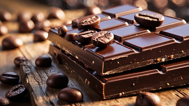 Close-up of stacked dark chocolate bars with roasted coffee beans on rustic wooden surface in warm lighting and rich textured background


