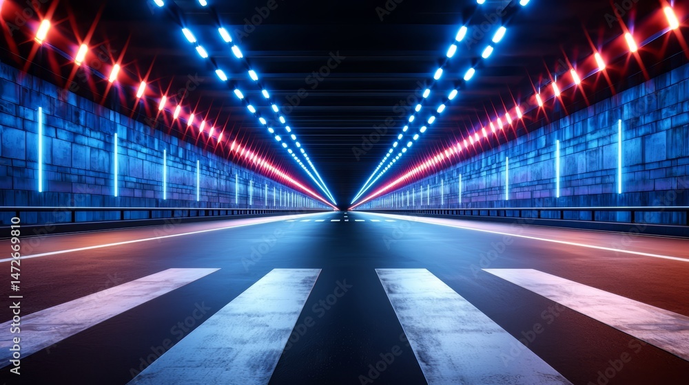 Leinwandbilder long, empty tunnel with red, blue, and white lights illuminating the way. the lights are arranged in