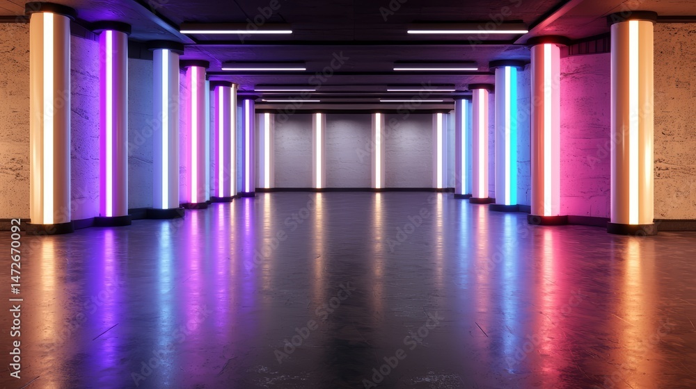 Poster long, empty hallway with neon lights on the walls. the lights are in different colors, creating a vi