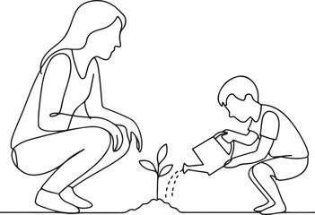 Mother Teaching Son Gardening in Minimal Style