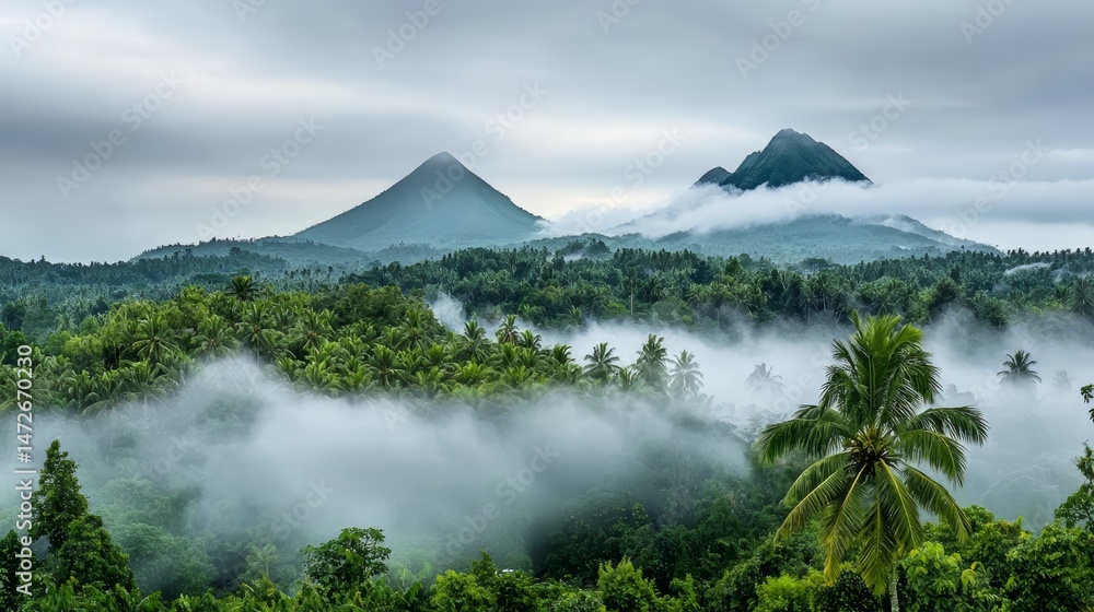 Poster misty forest with a mountain range in the background. the trees are lush and green, and the mist add