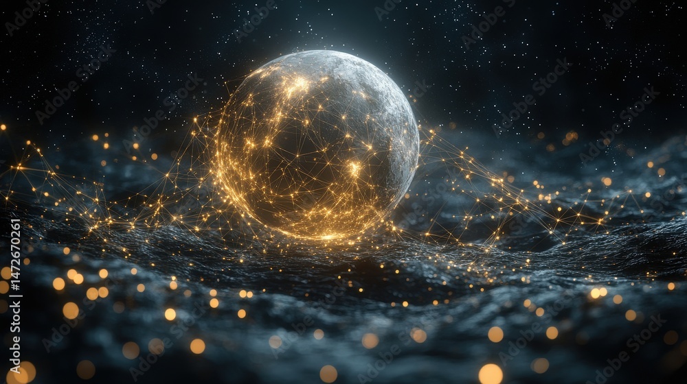 Poster a digital rendering of a celestial sphere surrounded by cosmic dust.