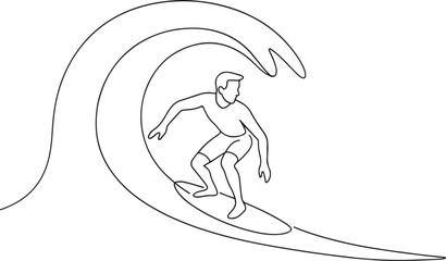 Surfer Riding Wave in Ocean Line Drawing