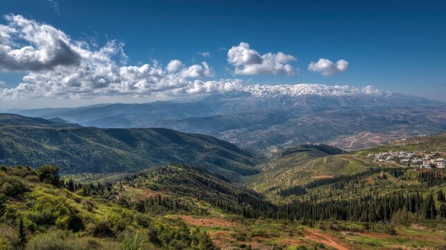 Stunning Panorama of Mount Hermon from Mount Meron: A Breathtaking Landscape Under a Blue Sky with Fluffy Clouds