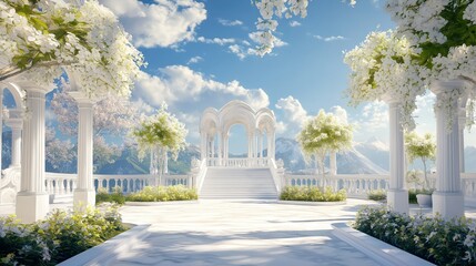 Peaceful garden with white columns and flowers under a bright blue sky in a serene setting