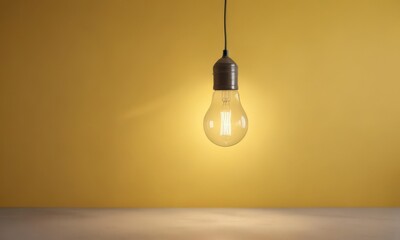 Solitary light bulb suspended, sunny yellow background,  simple,  single source
