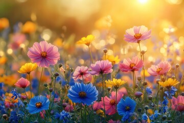 Colorful wildflower field blooms at sunset creating a vibrant spring atmosphere