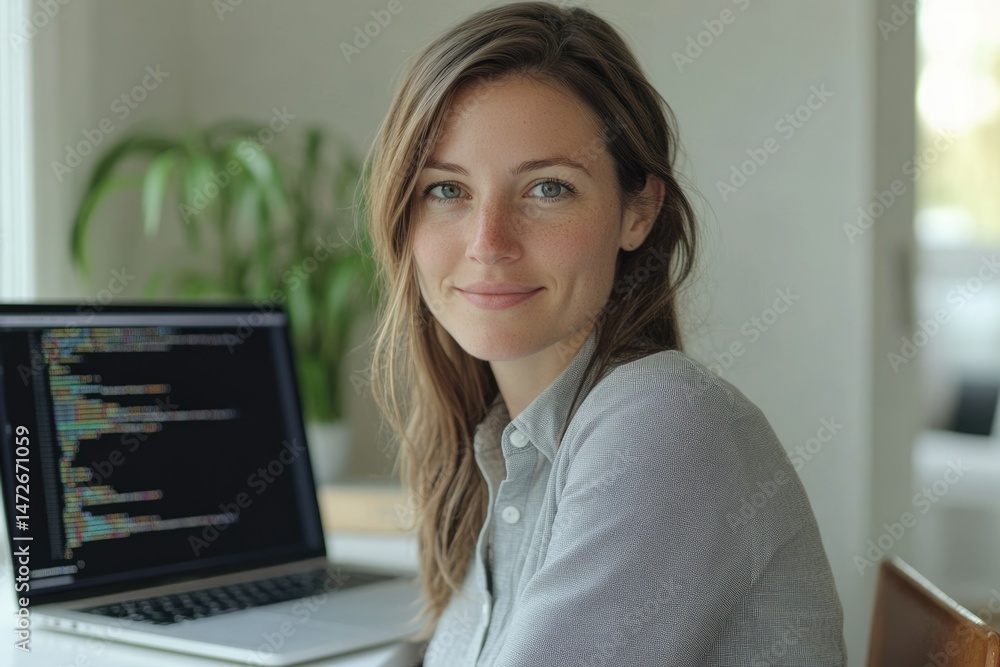 Aufkleber a young woman programmer smiles confidently while working on her laptop displaying lines of code.
