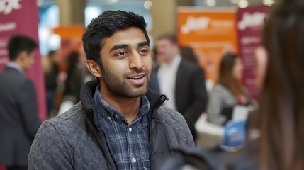 Fototapeta premium Indian student at networking career fair with booths in background 