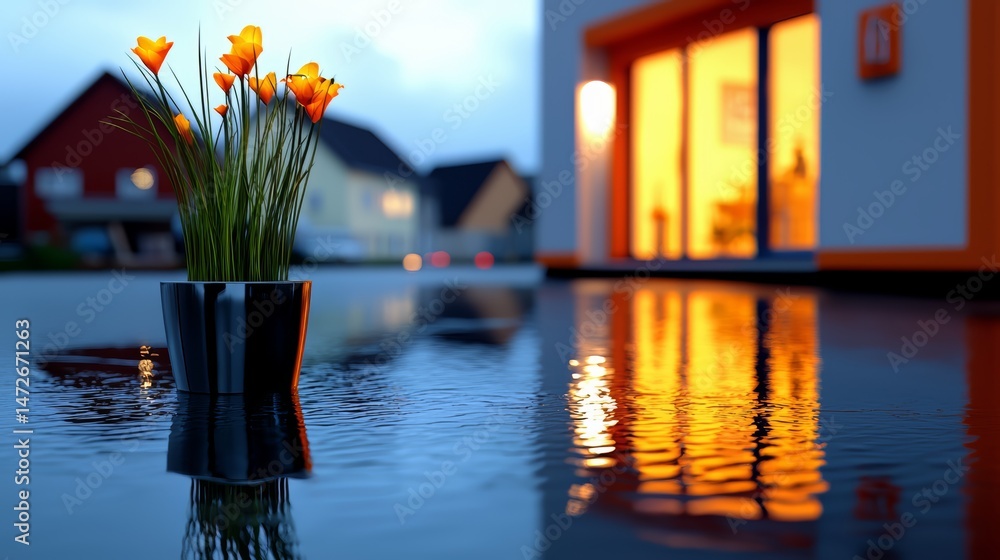 Poster potted plant with yellow flowers sits in a puddle of water. the scene is set in front of a house wit