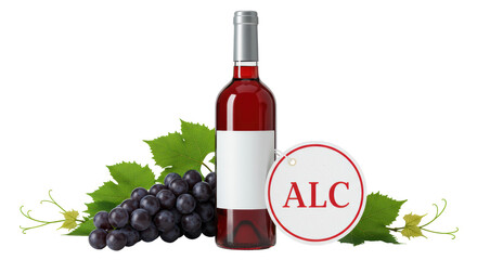 Isolated Wine Bottle with Grapes and Alcohol Label