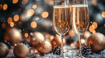 Two champagne flutes against a festive winter backdrop.