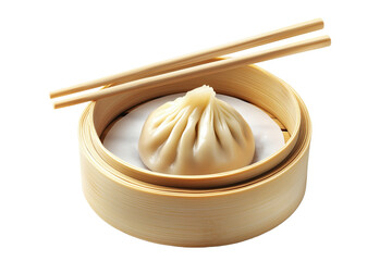 Steamed dumplings Xiao Long Bao in a bamboo steamer with wooden chopsticks isolated on white transparent background, concept of Asian traditional cuisine