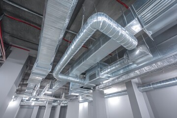 Naklejka premium Professional Air Duct Setup: Efficient Installation of Steel Supply Pipes for Optimal Ventilation in Ceilings