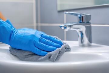 Gloved hand cleaning bathroom sink with microfiber cloth, hygiene concept