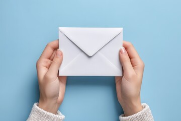 Hands holding a white envelope against a blue background.
