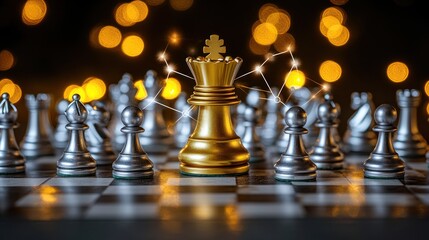 Golden king chess piece amidst silver opponents on a chessboard, highlighted by ethereal connections and warm lights