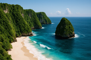 Obraz premium Tropical beach with clear blue water and lush cliffs offers serene escape and natural travel destination paradise